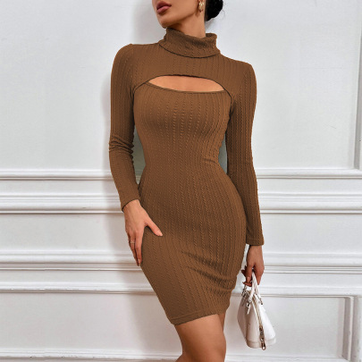 Solid Color Hollowed-out Twist Fabric Long-sleeved Sheath Dress NSYSQ136394