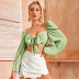 solid color lace-up slim puff long sleeve crop top NSYSQ136401