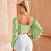 solid color lace-up slim puff long sleeve crop top NSYSQ136401