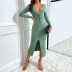 solid color slit slim v-neck long-sleeved mid-length sheath dress NSYSQ136402
