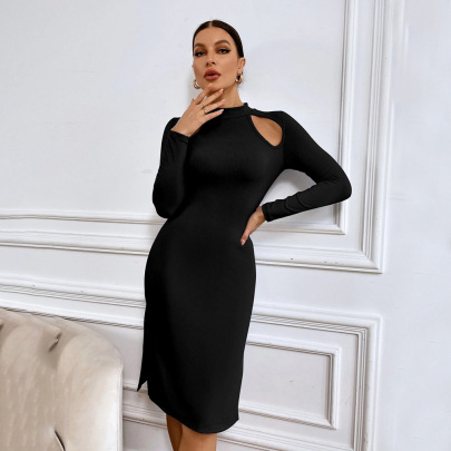 Solid Color Slit Hollow Waist Knitted Sheath Dress NSYSQ136405