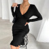 solid color V-neck waist knitted long-sleeved flounce fishtail sheath dress NSYSQ136407