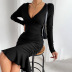 solid color V-neck waist knitted long-sleeved flounce fishtail sheath dress NSYSQ136407