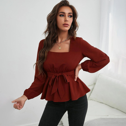 Solid Color Square Collar Elastic Waist Ruffled Long-sleeved Top NSYSQ136409