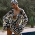 zebra print lace-up lantern sleeve V-neck short dress NSWWW136417