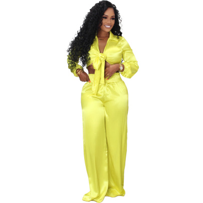 Satin Lantern Sleeve Loose Top And Wide Leg Trousers Two-piece Set NSLML136461