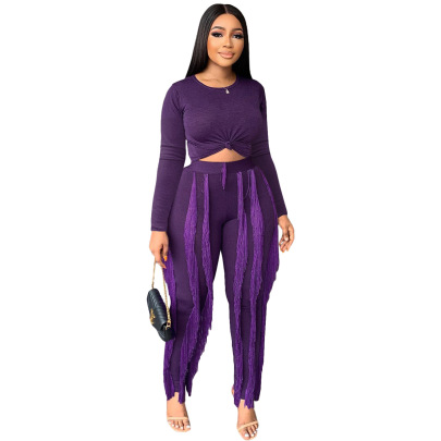 Solid Color Pit Strip Fabric Long Sleeve Top And Fringed Trousers Casual Two-piece Set NSLML136471
