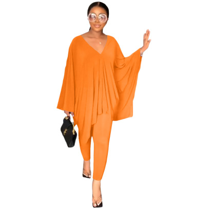 Solid Color Loose V-Neck Doll Sleeve Top And Pants Two-Piece Lounge Set NSLML136479