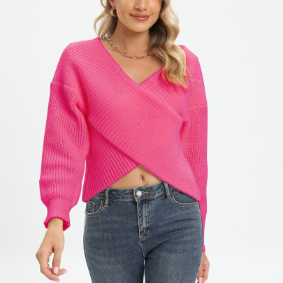 Solid Color Cross Design V-neck Loose Long-sleeved Off-the-shoulder Sweater NSZXS136551