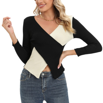 V-neck Irregular Long-sleeved Slim Contrast Color Bottoming Sweater NSZXS136552