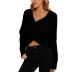 solid color retro cross V-neck slim bat sleeve pullover sweater NSZXS136553
