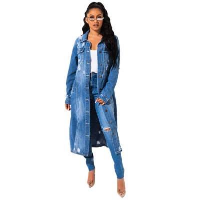 Long Sleeve Ripped Loose V-neck Denim Trench Coat NSARY136560