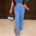 Oblique Buckle Washed High Waist Loose Wide Leg slit jeans NSARY136564