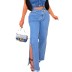 Oblique Buckle Washed High Waist Loose Wide Leg slit jeans NSARY136564
