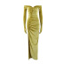 solid color one-word collar wrap chest with gloves long-sleeved slit pleated dress NSBLS136615