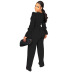 solid color V-neck trumpet sleeve top high-waist wide-leg trousers two-piece lounge set NSXLY136632