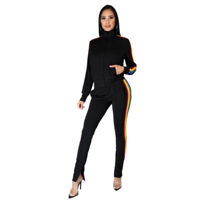 Contrast Color Stitching Turtleneck Top And Trousers Two-piece Suit NSXLY136633
