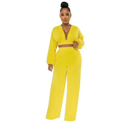 Solid Color V-neck Long-sleeved Crop Top Loose Straight Pants Two-piece Lounge Set NSXLY136641