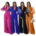 solid color V-neck mesh puff sleeves loose flared jumpsuit with belt NSXLY136644