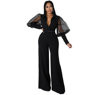 Solid Color V-neck Mesh Puff Sleeves Loose Flared Jumpsuit With Belt NSXLY136644