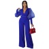 solid color V-neck mesh puff sleeves loose flared jumpsuit with belt NSXLY136644