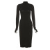 solid color round neck long-sleeved double slit sheath dress NSGBH136677