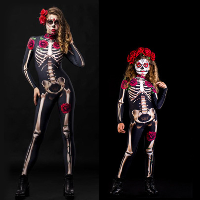 Halloween Cosplay Costume Rose Skeleton Print Jumpsuit NSONF136680