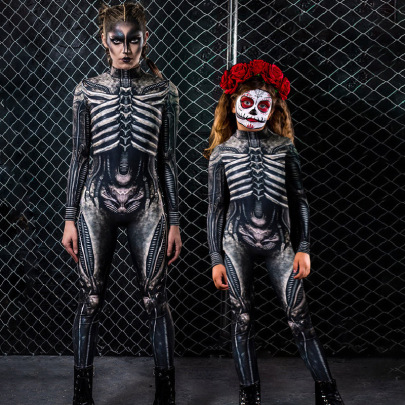 Halloween Horror Skeleton Printed Long Sleeve Jumpsuit NSONF136681