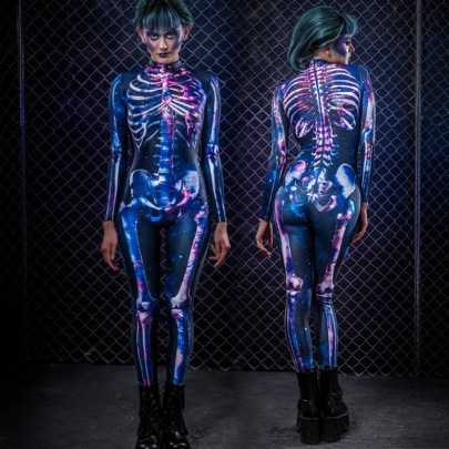 Halloween Costume Human Skeleton Print Long Sleeve Jumpsuit NSONF136687