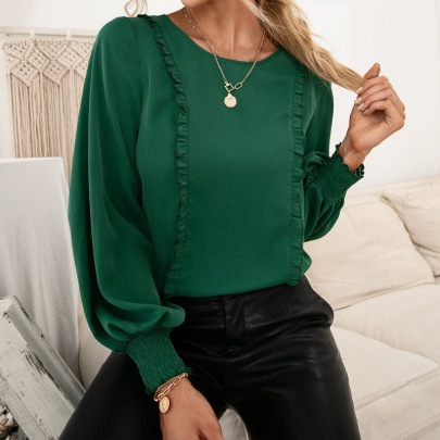 Solid Color Stitching Edge Long-sleeved Round Neck Pullover Top NSYBL136704