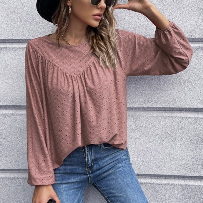Solid Color Pleated Round Neck Long Sleeve Top NSYBL136707