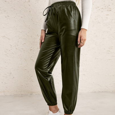Solid Color Elastic High Waist PU Leather Beam Pants NSYBL136717