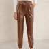 Pantalones de viga de cuero PU de cintura alta elásticos de color sólido NSYBL136717