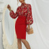 turtleneck puff sleeve printed floral stitching sheath dress NSNXG136724