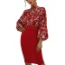 turtleneck puff sleeve printed floral stitching sheath dress NSNXG136724