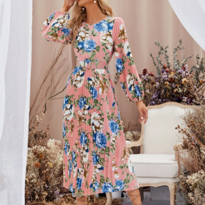 Floral Print Pleated Long Sleeve Belted Dress NSNXG136729