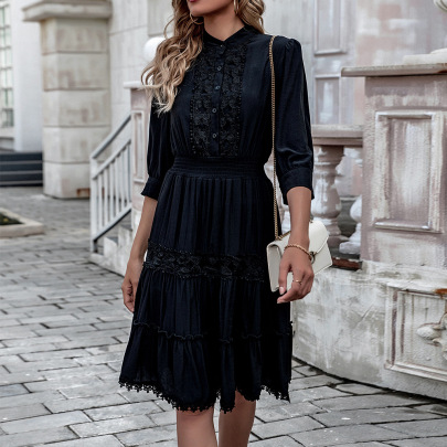 Solid Color Mid-length Sleeve Lace Embroidery Tassel Dress NSNXG136733