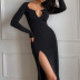 solid color long-sleeved hollow low-cut slim slit dress NSCOK136749