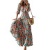 V-neck long-sleeved loose large swing high waist flower printing dress NSONF136826