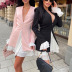 V-neck ruffle stitching long sleeve high wasist color matching dress NSONF136834