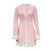 V-neck ruffle stitching long sleeve high wasist color matching dress NSONF136834