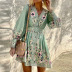 buttons flower print long-sleeved V-neck high waist bohemian dress NSONF136839
