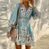 buttons flower print long-sleeved V-neck high waist bohemian dress NSONF136839