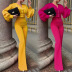 slim puff sleeve v neck high waist flared solid color top and pants two-piece set NSONF136847