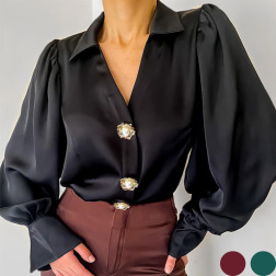 lantern sleeves casual loose v neck lapel solid color satin blouse NSONF136850