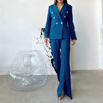 Buttons Solid Color Slit High Waist Slim Long-sleeved Professional Blazer And Trousers Two-piece Suit NSONF136853