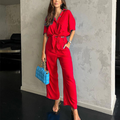 Short-sleeved Loose High Waist Lapel Solid Color Cotton Linen Top And Pants Two-piece Suit NSONF136854