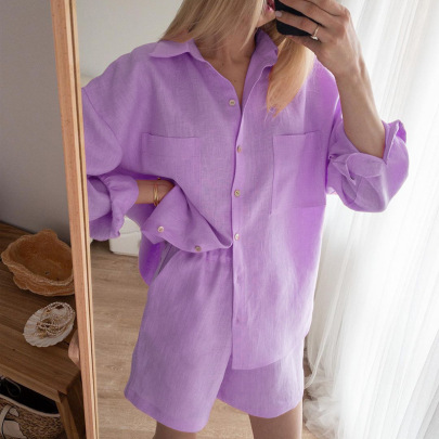 Long Sleeve Loose High Waist Solid Color Cotton And Linen Shirt And Shorts Two-piece Set NSONF136855