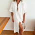 loose lapel mid-length solid color cotton and linen shirt dress NSONF136857