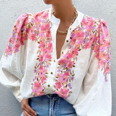 Single-breasted Floral Printed Loose Puff Sleeved Cotton And Linen Shirt NSONF136861